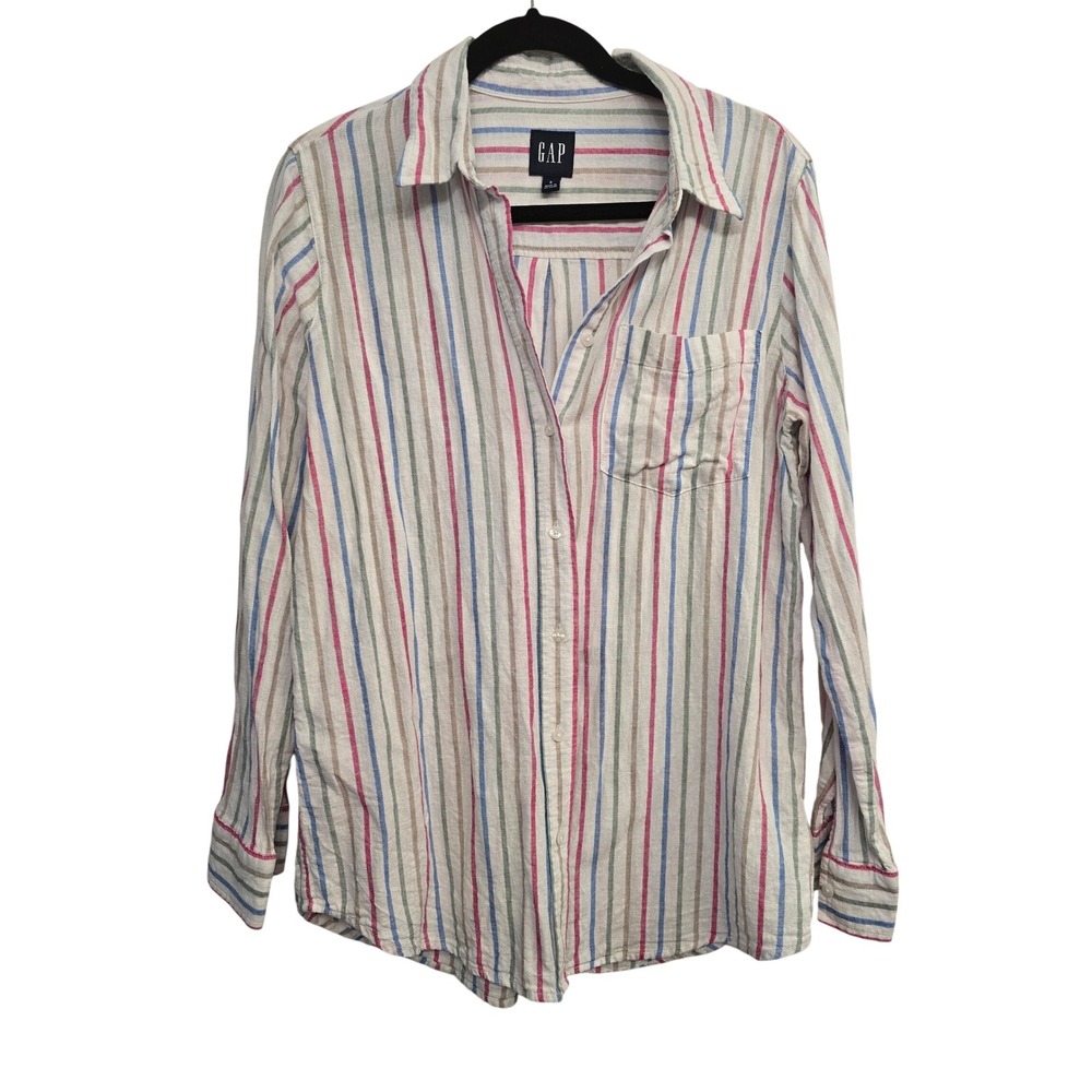 GAP‎ Linen Rayon Striped Button Up Shirt Women's Small Coastal Preppy Cottage